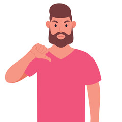 Bearded man in pink t-shirt showing thumbs down sign gesture. Vector illustration.