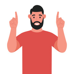 Bearded man pointing up fingers while standing and smiling. Pointing copy space. Vector illustration.