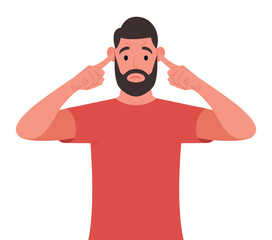 Bearded man covering ears with fingers with annoyed expression for the noise. Vector illustration.