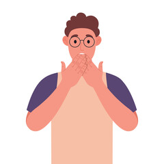 Curly young man in glasses shocked covering mouth with hand for mistake. Expression of fear, scared in silence, secret concept. Vector illustration.