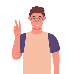 Curly young man in glasses shows victory gesture. A sign of success and peace. Vector illustration.