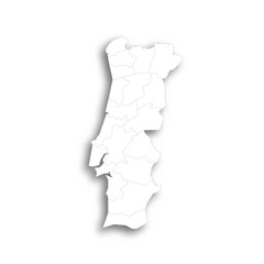 Portugal political map of administrative divisions - districts. Flat white blank map with thin black outline and dropped shadow.