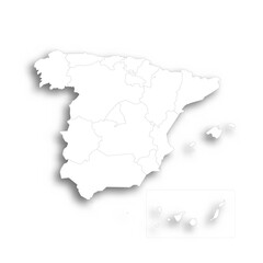 Spain political map of administrative divisions - autonomous communities and autonomous cities of Ceuta and Melilla. Flat white blank map with thin black outline and dropped shadow.