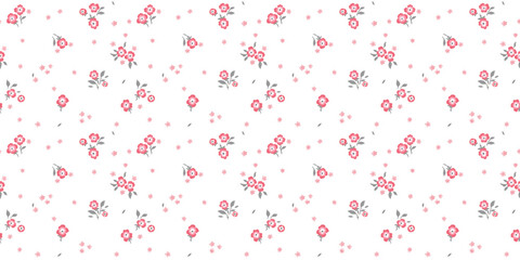 A pattern of small pink flowers and gray leaves on a white background. Graphic print, floral illustrations, floral vector, vector floral pattern.