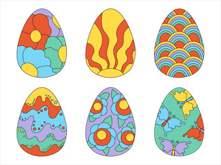 Set psychedelic easter eggs in retro style 60s 70s. For decor, print, card. Old classic cartoon style. Flat vector illustration