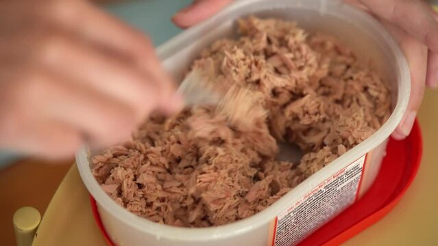 Preparing Tuna For Lunch with a Fork In a Plastic Box - Close Up