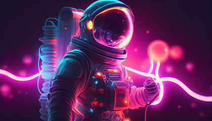 Sci-fi Retrowave space illustration of science fiction scene with mysterious astronaut figure in space suit surrounded by glowing neon tube lights. Psychedelic art Generative Ai.
