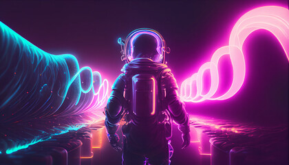 Fototapeta premium Sci-fi Retrowave space illustration of science fiction scene with mysterious astronaut figure in space suit surrounded by glowing neon tube lights. Psychedelic art Generative Ai.