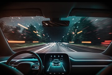 An autonomous intelligent electric car driving all alone without a human driver thought the road at night. Generative ai
