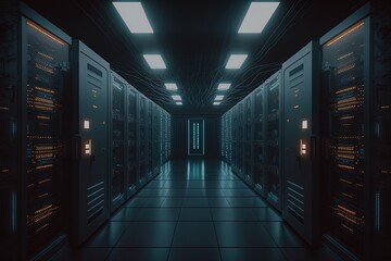 Servers data center room with bright neon lights. Concept: Storage in the cloud. Generative ai