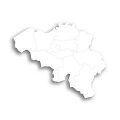 Belgium political map of administrative divisions - provinces. Flat white blank map with thin black outline and dropped shadow.