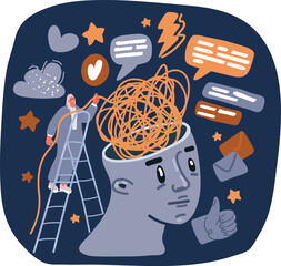 Cartoon vector illustration of a woman unrivel thread in big head. Depressed mood. Mental health problems, burnout, depression.