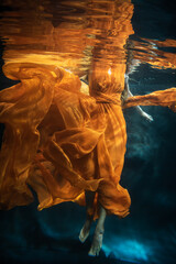 Young beautifull caucasian woman in orange dress under water