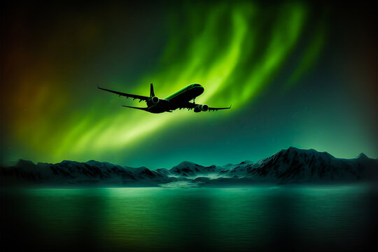 A marvelous aurora borealis illuminates a northern night sky as a majestic airliner cruises peacefully. A surface reflects the beauty of a magical moment. Generative AI
