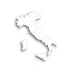Italy political map of administrative divisions - regions. Flat white blank map with thin black outline and dropped shadow.