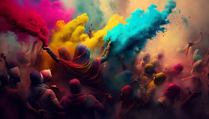 Holi party crowd background, People covered with colored powder rejoice celebrate and dance, Generative ai