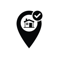 Correct house location icon. Address icon with check sign. Address icon and approved, confirm, done, tick, completed symbol. Location, address, correct, house, icon, point, tick, accept, agree, apply.