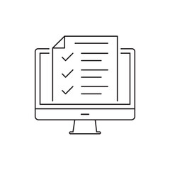 Desktop computer with digital questionnaire flat line icon. Vector thin sign of online test result, education logo. Survey outline illustration