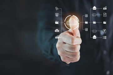 Cyber security network. Data protection concept. Businessman using laptop computer with digital padlock on internet technology networking with cloud computing and data management, cybersecurity
