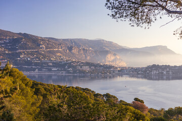 View of sunrise over Villefranche sur mer with Saint Jean  Cap Ferrat, Cote d'Azur, South of...