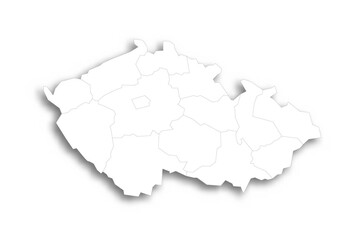 Czech Republic political map of administrative divisions - regions. Flat white blank map with thin black outline and dropped shadow.