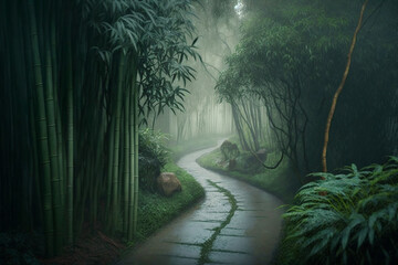 Misty Rain Bamboo Forest. Generative AI	
