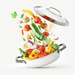 Levitating fresh vegetables in a saucepan: tomato, cabbage, broccoli, greens. Generative AI.