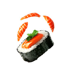 Sushi roll with salmon close-up on a white background. Generative AI.