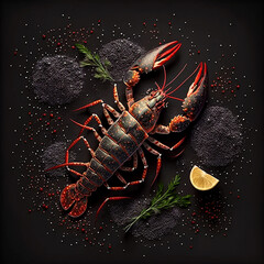 Lobster with rosemary, lemon and spices close-up. Generative AI.