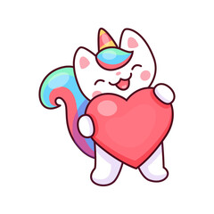 Caticorn character with big heart in paws, love