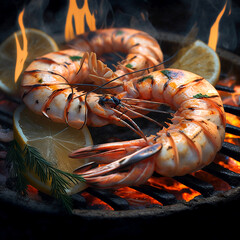 Grilled shrimp with rosemary and lemon close-up. Generative AI.