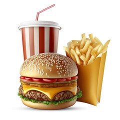 Hamburger with french fries and a cola drink, isolated on white. Generative AI.