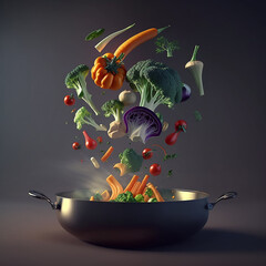 Fresh vegetables flying into a pan. Generative AI.