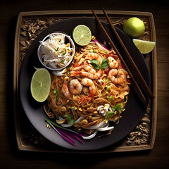 Thai food Pad thai, fried noodles with shrimp. Generative AI.