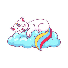Cute funny cartoon caticorn sleeping on cloud