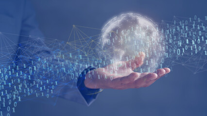 Blockchain technology and blockchain network business banner ideas Global cryptocurrency blockchain title. Blockchain title side view with 0's and 1's flying on top. image of investors