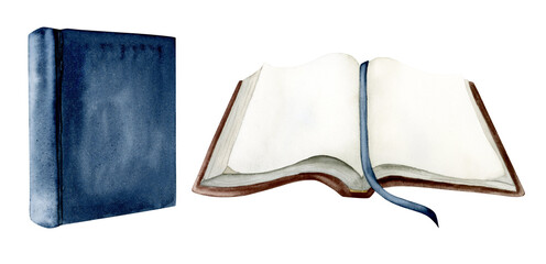 Watercolor set of opened and closed books with dark blue and red covers illustration on white for Haggadat Pesach design