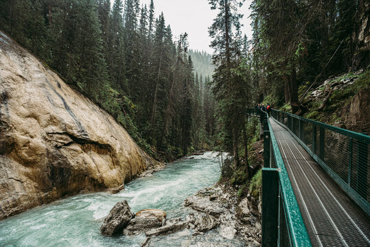 Metal catwalk running along the rushing water in Johnston Canyon.