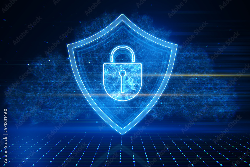Aufkleber Cyber security and privacy protection concept with energetic digital padlock in shield on abstract dark background with technological fog above bright spots. 3D rendering