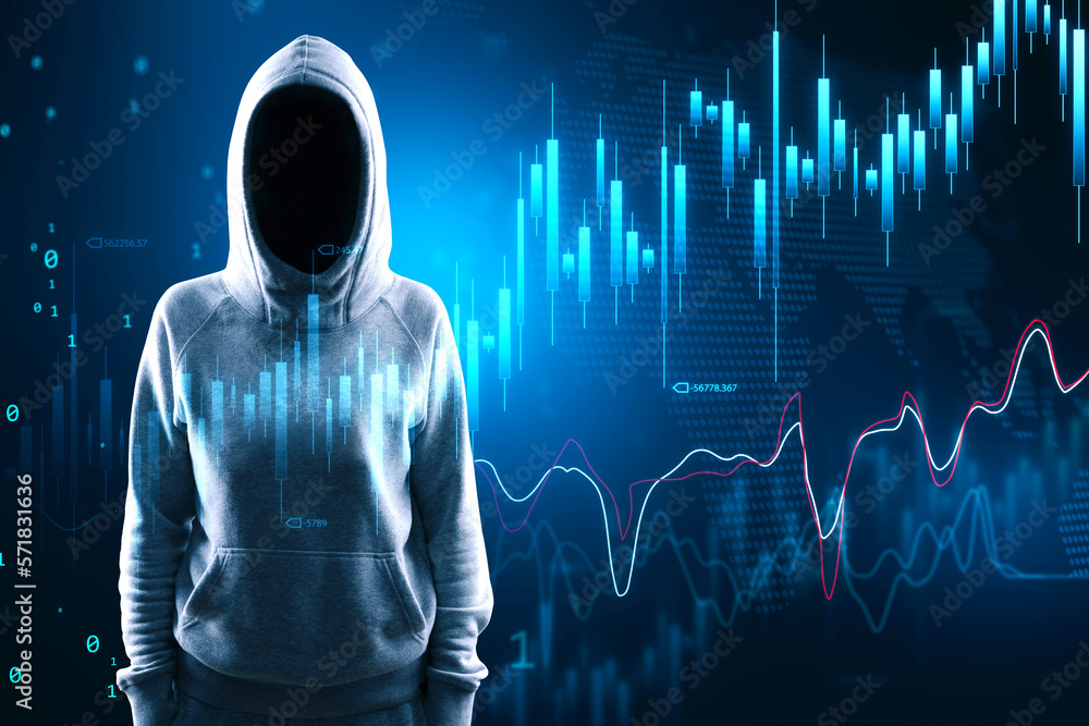 Poster unrecognizable hacker in hoodie with glowing forex chart on blurry background. hack and growth conce