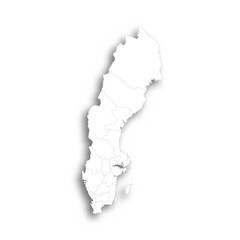 Sweden political map of administrative divisions - counties. Flat white blank map with thin black outline and dropped shadow.