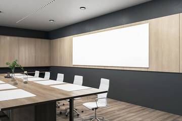 Perspective view on blank white poster with place for your logo on light wooden wall decoration in modern conference room with big meeting table and white chairs on parquet. 3D rendering, mockup