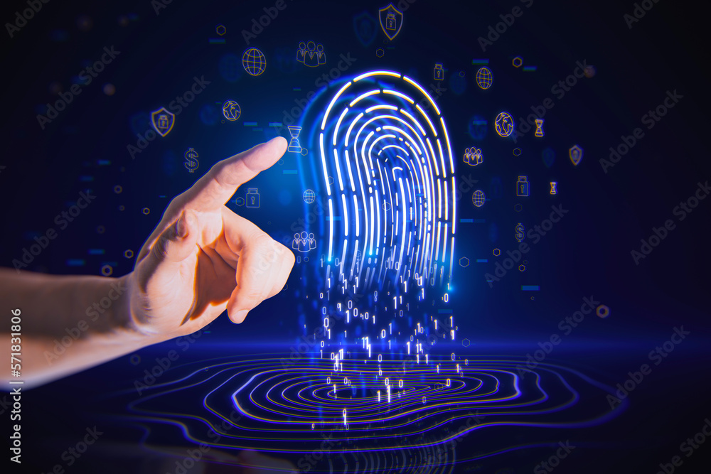 Aufkleber Password management and security future concept with man finger touching digital blue fingerprint made of coding numbers on abstract dark background with social network icons