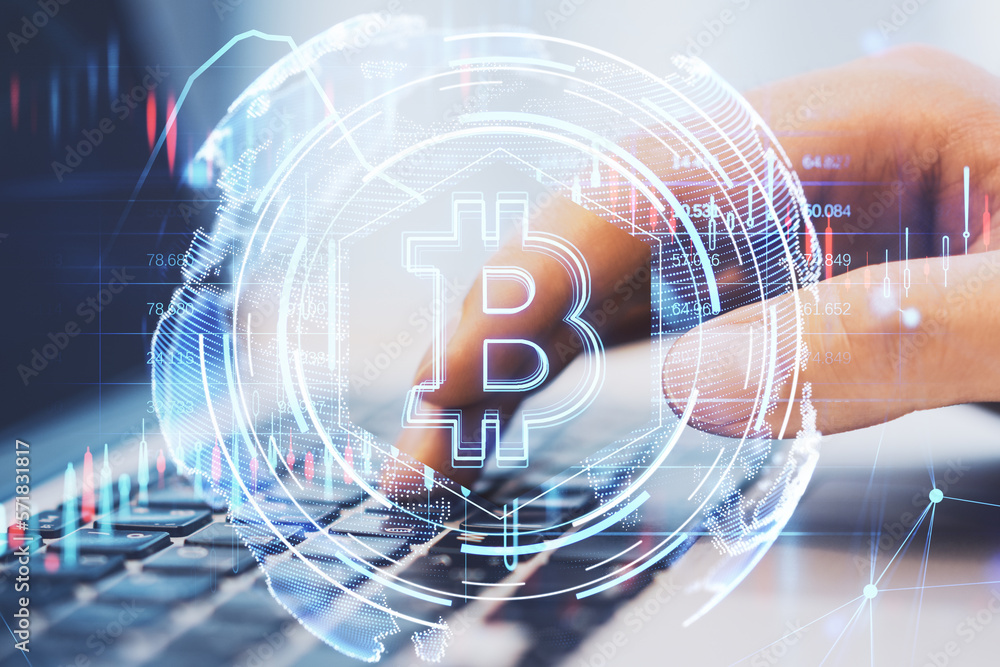 Poster close up of hands using laptop with glowing bitcoin hologram. financial technology concept. double e
