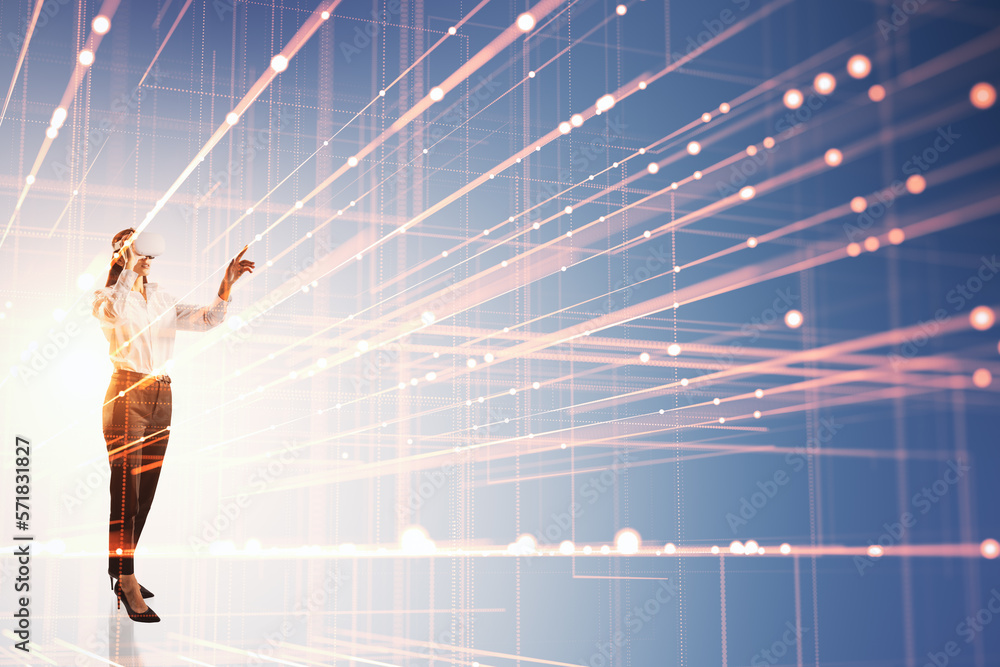 Poster Metaverse, virtual reality and digital business concept with woman in VR googles touching abstract interface with glowing projection beams on blue background