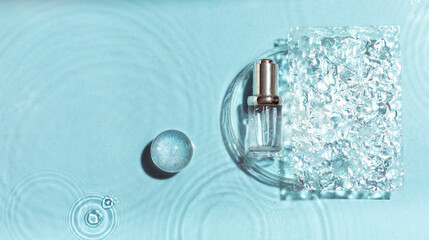 Cosmetic spa medical skincare, glass serum bottle in petri dish with collagen on blue water background with waves.