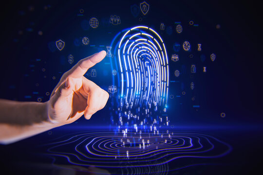 Password Management And Security Future Concept With Man Finger Touching Digital Blue Fingerprint Made Of Coding Numbers On Abstract Dark Background With Social Network Icons