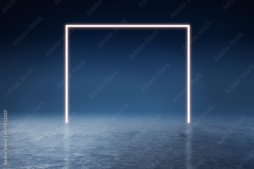 Poster Front view on illuminated gates in form of blank partition with place for advertising poster above blue concrete floor on foggy dark background. 3D rendering, mockup