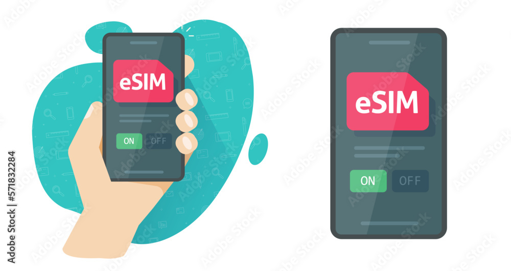 Poster sim card use in cell phone technology vector graphics illustration, esim digital chip tech using in 
