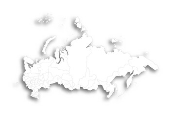 Russia political map of administrative divisions - oblasts, republics, autonomous okrugs, krais, autonomous oblast and 2 federal cities of Moscow and Saint Petersburg. Flat white blank map with thin